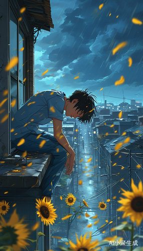 rooftop stormy night, teenage boy leaning over edge, nurse trainee desperately hugging him, medical papers swirling in wind, broken sunflower petals, anime-style dynamic wind effects, desaturated blue tones