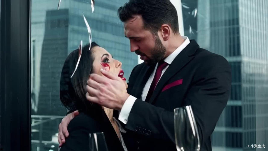 dramatic chiaroscuro lighting, man choking woman against glass wall, champagne shards suspended mid-air, corporate skyscraper reflections, tear smeared mascara, manga-style speed lines, crimson accent on black tie