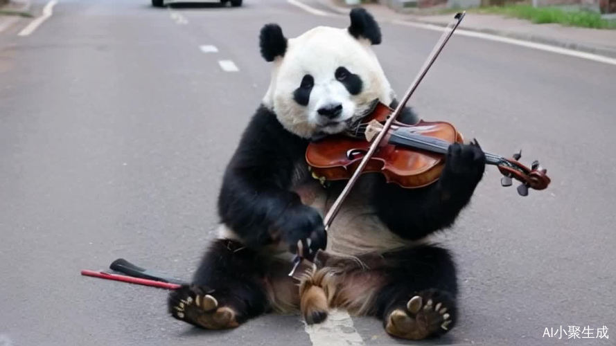 可爱大熊猫街头拉小提琴