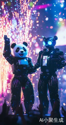 AI机器人与大熊猫共舞五彩舞台欢庆时刻