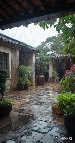 天空下着雨，微风吹着树叶