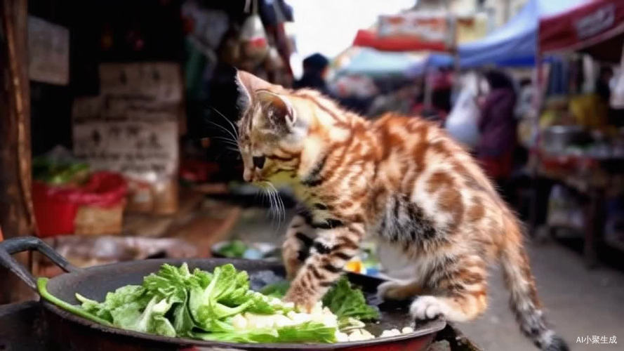 集市，一只小猫，在集市里，切菜做饭，衣服穿的很破烂