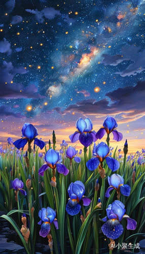 暮色:鸢尾花丛的蓝紫色反光萤火虫与星空的虚实交错