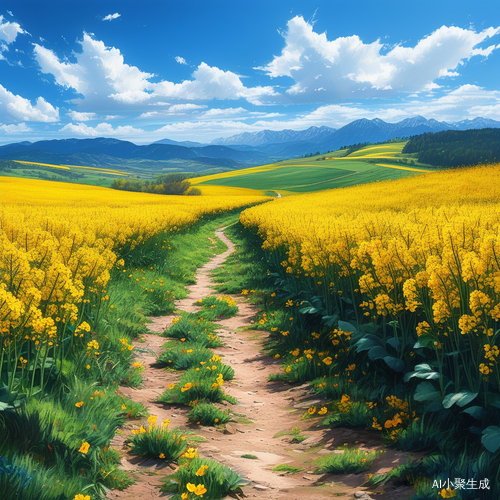 油菜花田,小路,远山,蓝天白云