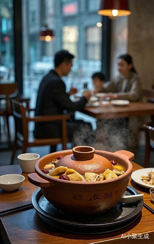 昆明饭店热气腾腾的汽锅鸡和热闹用餐氛围