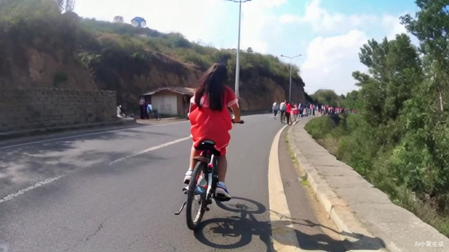 一个美丽的红衣少女骑着一辆自行车在悬崖边的公路上行驶，路边有很多行人向她招手