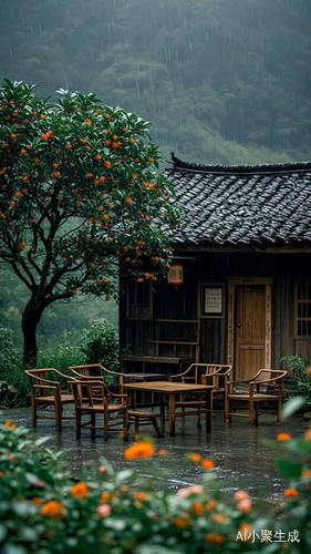 下雨天院子树木在风中摇曳