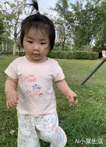 图中小女孩在草坪上跳舞