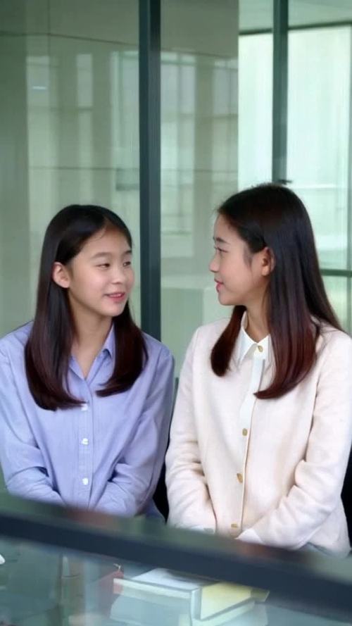 两个女孩坐在办公室里面谈话办公室是全玻璃装饰的墙面。
