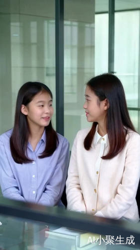 两个女孩坐在办公室里面谈话办公室是全玻璃装饰的墙面。