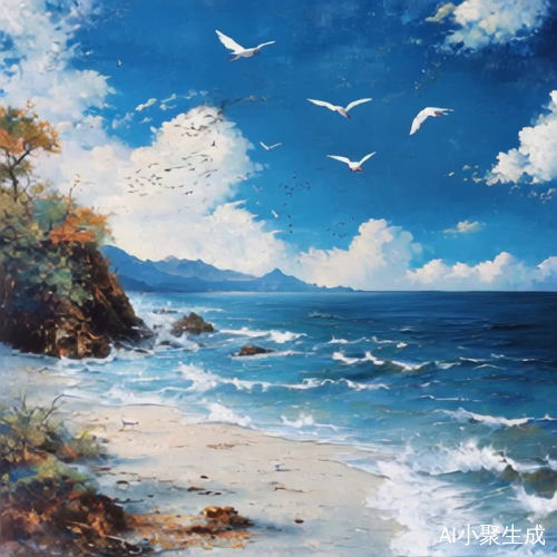 描述秋日高空的凄凉景象，风急天高的壮阔场景，传递着孤独与悲伤；几只白鸟优雅飞回，翅中划出美丽弧线，背景是辽阔的天空与远处的山脉，