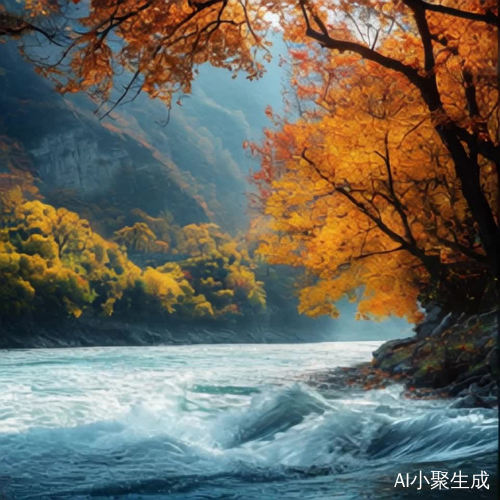 无边落木萧萧下，秋风萧瑟，树叶纷纷扬扬，金黄与赤红交织；不尽长江滔滔来，江水奔腾不息，波光粼粼映照着远山，如梦似幻的天际