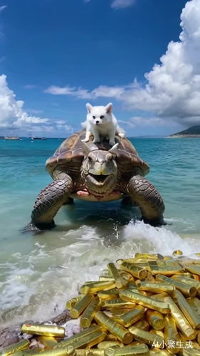 一只巨大的乌龟驮着一只可爱的白狐，从海里走向岸上，岸上辅满了金条和金子，背景是碧海蓝天祥云