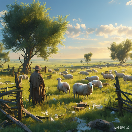 在一片广袤无垠、绿意盎然的草原上,阳光温柔地洒下,给大地铺上一层金色的光辉。一位身着朴素、眼神坚毅的牧民,正静静地伫立在一座用粗壮木栅栏围成的羊圈旁。羊圈里,一群洁白如雪的羊儿或悠闲地嚼着鲜嫩的青草,或惬意地躺卧着晒着太阳。然而,羊圈的一角,有几根木栅栏已经歪歪斜斜,中间破了一个不规则的大洞,旁边散落着一些断裂的木条。微风轻轻拂过,扬起地上的些许尘土,似乎在提醒着牧民这个漏洞亟待修补。远处,几朵洁白的云朵悠悠地飘浮在湛蓝的天空中,与眼前这质朴的场景构成了一幅宁静而和谐的画面。