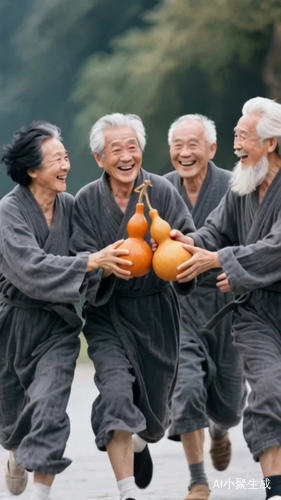 四个人开怀打笑，向前走。