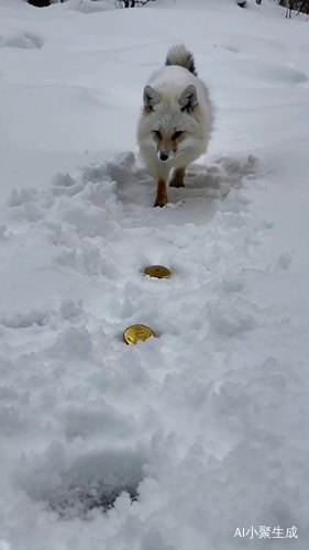 白色狐狸走在雪地上撒满金币