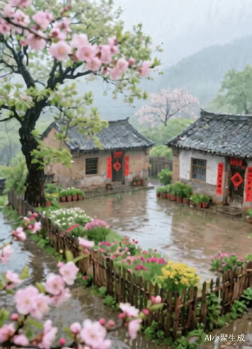 细雨蒙蒙，雾气缭绕，花瓣飘落，地面溅起水花