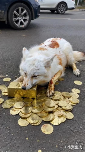 一个白狐趴在马路中央，地上撒满了金币，白狐身上流着血，手里抱着一个金砖，背景是车来车往