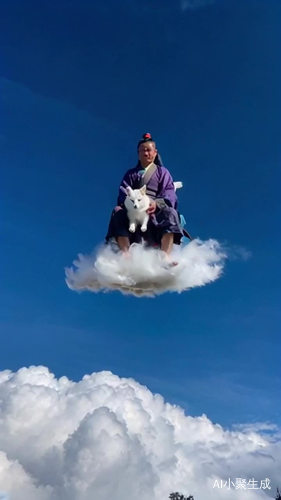 文殊菩萨驾着祥云，手里拖着一只带白狐，从远方驾着祥云来到了镜头跟前，文殊菩萨穿着服饰符合人们心中的形象，白狐代表智慧，