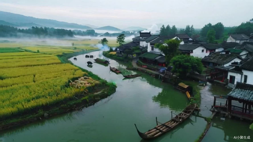 水墨田园·诗画中国，晨雾中的青瓦白墙村落、金色稻田层叠如波浪、竹筏划过碧绿溪水、水牛低头在溪水边啃草、一条蜿蜒石板路沿溪通向远山  。村庄炊烟袅袅，老槐树下老农摇着扇子微笑坐在石登上，被岁月打磨的农耕器具摆在院落傍，水彩质感的青绿色主调，点缀柿子红与稻穗金黄，薄雾柔光 。广视角高清拍摄，层次分明