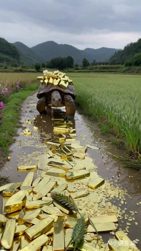 一只巨大的乌龟，驮着许多许多金砖从稻田小径上走来，路上撒满金片和金块，乌龟项带金链。路两边有小麦有皱菊，背后是连绵群山
