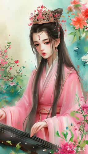 可爱女孩穿汉服弹古琴花丛中尽显中国风