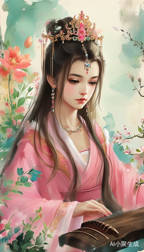 可爱女孩穿汉服弹古琴花丛中尽显中国风
