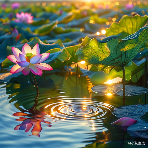 清浅湖面荷花烂漫晨光涟漪荡漾意境优美