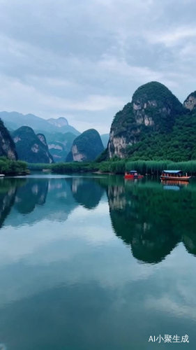 山峦起伏，碧水环绕，漓江如玉带飘逸。奇峰倒影，翠竹摇曳，渔舟点点，如诗画卷，美不胜收。