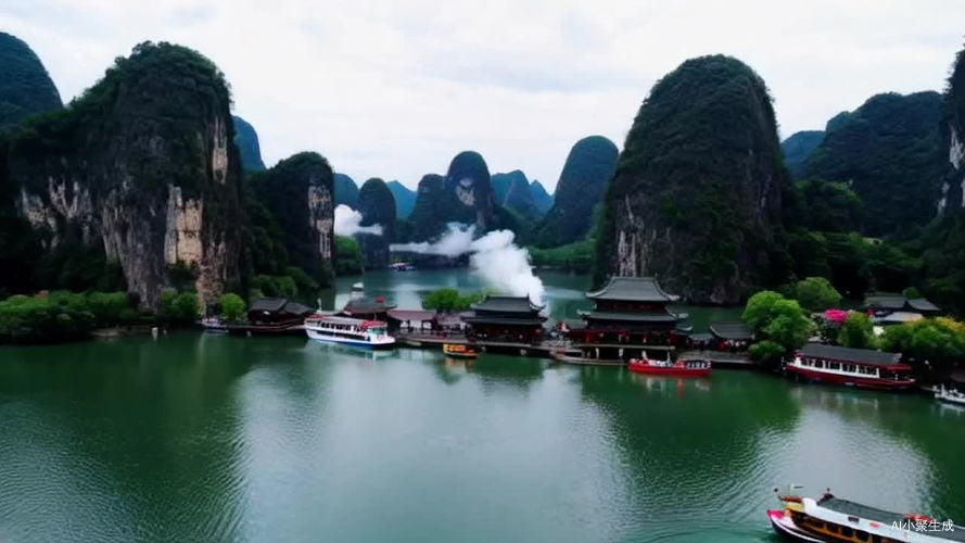 如梦如幻的仙境，群峦叠翠，亭台楼阁林立，农户炊烟袅袅，游船如织，百花争艳，好一派天上人间，美不胜收。
