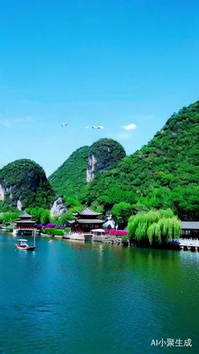 如梦如幻的仙境，群山叠翠，百花吐艳，亭台水榭，炊烟袅袅，小船在河上，一行白鹭上青天，阳光明媚，绚丽多彩。彩云