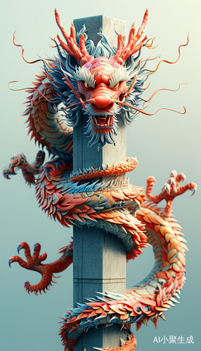 威猛彩色水墨龙盘绕立柱的3D渲染效果