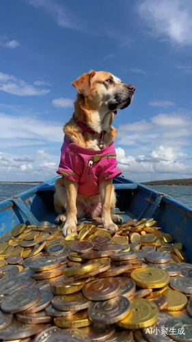 一只穿着粉色衣服的拉布拉多犬坐在船上，船上铺满金块和金币。主人，快把它们接回家吧。