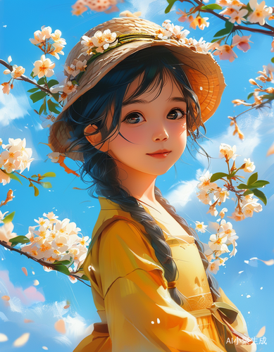 中国小女孩，阳光明媚，蓝天白云，花团锦簇，春意盎然，柔和色调