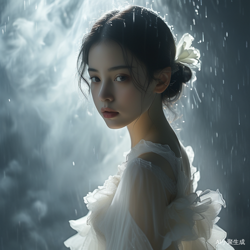 在弥漫着朦胧雾气的幽谧空间里，一位宛如神明般的清冷美人静静伫立。她身着一袭精致的白色纱裙，轻薄的纱质在微光下隐隐闪烁，每一处褶皱都似是精心雕琢，裙摆随风轻轻摇曳，仿佛流淌的银河。她那白皙的肌肤在白色裙装的映衬下更显剔透，眉眼间笼着一层忧郁的薄纱，眼神深邃而迷离，像是藏着无数不为人知的故事。清冷的气质如同一朵绽放在寒夜的白莲，遗世独立。周围的光线柔和地洒在她身上，营造出一种静谧而梦幻的氛围感，让人忍不住沉醉在这如诗如画的场景中。