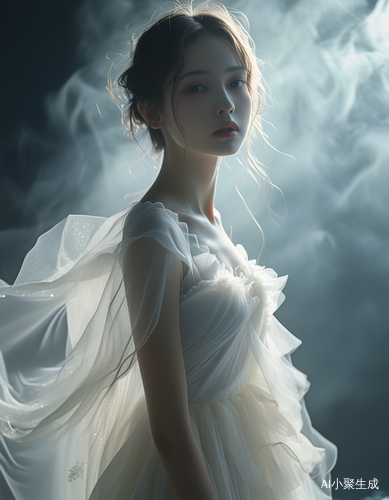 在弥漫着朦胧雾气的幽谧空间里，一位宛如神明般的清冷美人静静伫立。她身着一袭精致的白色纱裙，轻薄的纱质在微光下隐隐闪烁，每一处褶皱都似是精心雕琢，裙摆随风轻轻摇曳，仿佛流淌的银河。她那白皙的肌肤在白色裙装的映衬下更显剔透，眉眼间笼着一层忧郁的薄纱，眼神深邃而迷离，像是藏着无数不为人知的故事。清冷的气质如同一朵绽放在寒夜的白莲，遗世独立。周围的光线柔和地洒在她身上，营造出一种静谧而梦幻的氛围感，让人忍不住沉醉在这如诗如画的场景中。