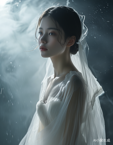 在弥漫着朦胧雾气的幽谧空间里，一位宛如神明般的清冷美人静静伫立。她身着一袭精致的白色纱裙，轻薄的纱质在微光下隐隐闪烁，每一处褶皱都似是精心雕琢，裙摆随风轻轻摇曳，仿佛流淌的银河。她那白皙的肌肤在白色裙装的映衬下更显剔透，眉眼间笼着一层忧郁的薄纱，眼神深邃而迷离，像是藏着无数不为人知的故事。清冷的气质如同一朵绽放在寒夜的白莲，遗世独立。周围的光线柔和地洒在她身上，营造出一种静谧而梦幻的氛围感，让人忍不住沉醉在这如诗如画的场景中。