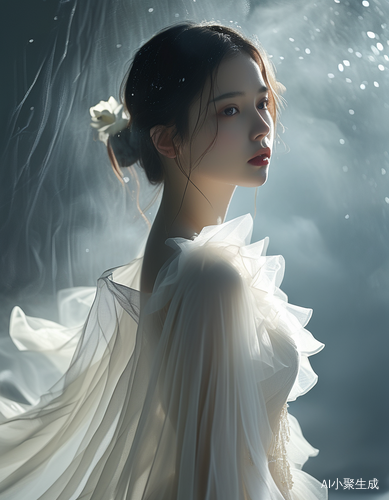 在弥漫着朦胧雾气的幽谧空间里,一位宛如神明般的清冷美人静静伫立。她身着一袭精致的白色纱裙,轻薄的纱质在微光下隐隐闪烁,每一处褶皱都似是精心雕琢,裙摆随风轻轻摇曳,仿佛流淌的银河。她那白皙的肌肤在白色裙装的映衬下更显剔透,眉眼间笼着一层忧郁的薄纱,眼神深邃而迷离,像是藏着无数不为人知的故事。清冷的气质如同一朵绽放在寒夜的白莲,遗世独立。周围的光线柔和地洒在她身上,营造出一种静谧而梦幻的氛围感,让人忍不住沉醉在这如诗如画的场景中。