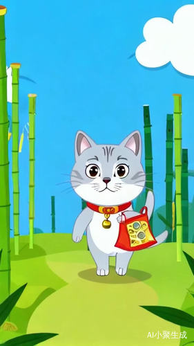 主人，你好！我是招财猫，穿过竹林给你送来金银财宝，背景是蓝天白云，