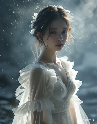 朦胧雾气中静谧的清冷美人如诗如画