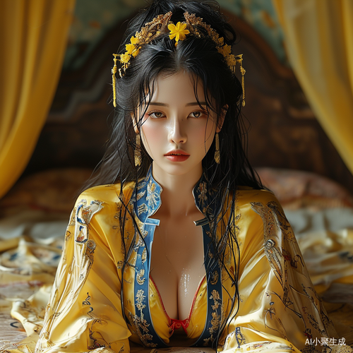 黑色凌乱长发，古风美女，180CM身高，38G硕大胸围，沙漏身材，全身湿透性感暴露，绝美眼神温婉羞涩，浓妆，暧白皮，极繁风格。在皇室明黄闺房中，曲膝张开腿侧身翘臀扭腰趴在床榻上侧身对镜头，转身回眸，丰满婀娜细腻肌肤上胸口双峰和裆部各贴着一张黄色红字写着“欲体横陈”“任君采撷”的符纸。神色妩媚娇羞温柔，身披精致中式清代官服双手大胆敞开衣袍。服装清宫样式，黄蓝配色，上面有精致的刺绣纹路，戴着一顶官帽子垂眸。高级CG，oc渲染，清冷，梦幻，神秘,超高清，8K，大师级光影，明暗对比强烈，精致刻画，全身镜头低处向上仰视视角，流畅线条，发丝细腻有光泽，面部皮肤瓷感细腻，柔光，人物泛光，暖白皮，朦胧，肌理感，笔触感，柔焦，细节刻画，高质量，杰出，艳丽的油画质感，细腻肌理，真实肌肤肉感，画功非常细腻功，大师级水准