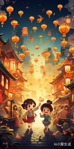 Dreamlike Cityscape: Colorful Lanterns and Festive Atmosphere