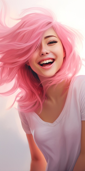 a chinese young woman with long hair,smiling or laughing,white backgroud,sunshine,short pink hair,looking at viewer