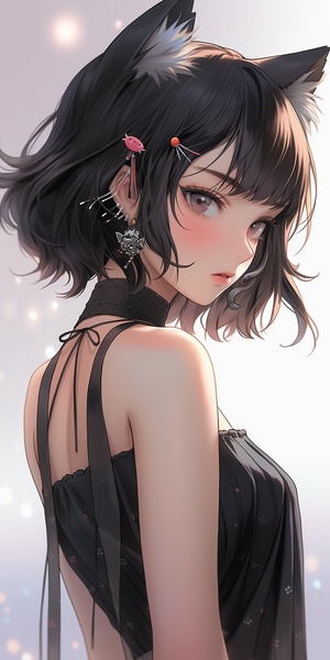 1girl, heart, multicolored_hair, black_hair, short_hair, solo, off_shoulder, animal_ears, blush,  cat_ears, bell,gradient, serafuku, collarbone, looking_at_viewer, gradient_background,(((Detailed upper body))),Split strapless dress