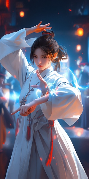 A,young,girl,dressed,in,ancient,Chinese,clothing,,Asian,peopleWhite,robe,,Hand,gestures,forming,a,spell,,Martialarts,and,fairy,–,like,vibe,,Game,character,,Surrounded,by,runes,,Cyberpunkstyle,,neon,lights,,best,quality,,masterpiece,,cg,,hdr,,high,–,definition,,extremely,detailed,,photorealistic,,epic,,detailed,face,,pretty,,detailed,UHD