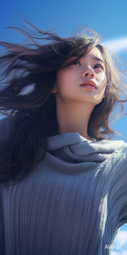 Girl with Blue Sky: UHD 4K Best Quality High Details Super Detail Upper Body Top Sweater Floating Hair