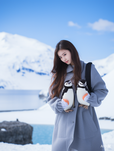 可爱的16岁中国女孩在北欧雪山中与企鹅背景下的深蓝色大海交相辉映