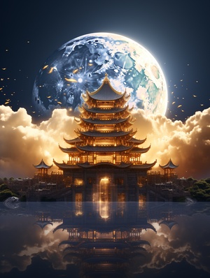 Chinese Style Architecture with Floating Clouds and Glowing Moon