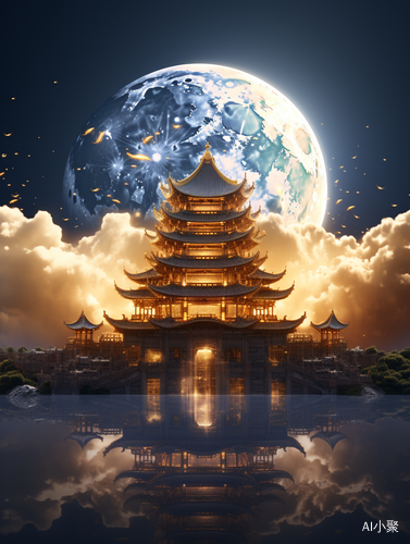 Chinese Style Architecture with Floating Clouds and Glowing Moon