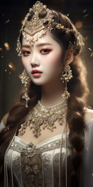 1girl,moyou,details,solid,background,,like,Mao,Xiaotong，A,obedient,girl,,looking,at,viewer,Wearing,Beautiful,Wedding,Dress，Jewelry,Headwear，new,chinese,style，Half,body,photo。